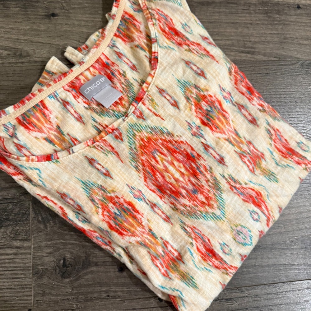 Chico's Ikat Diamond Print Short Sleeve Top Orange Turquoise Size 1 M Slub Knit